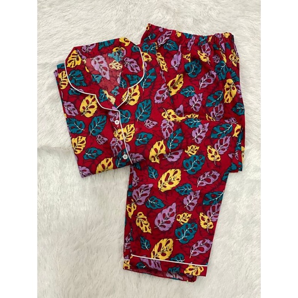 Baju Tidur Piyama Wanita/Cewek Dewasa Pajamas Katun Motif Daun Janda Bolong