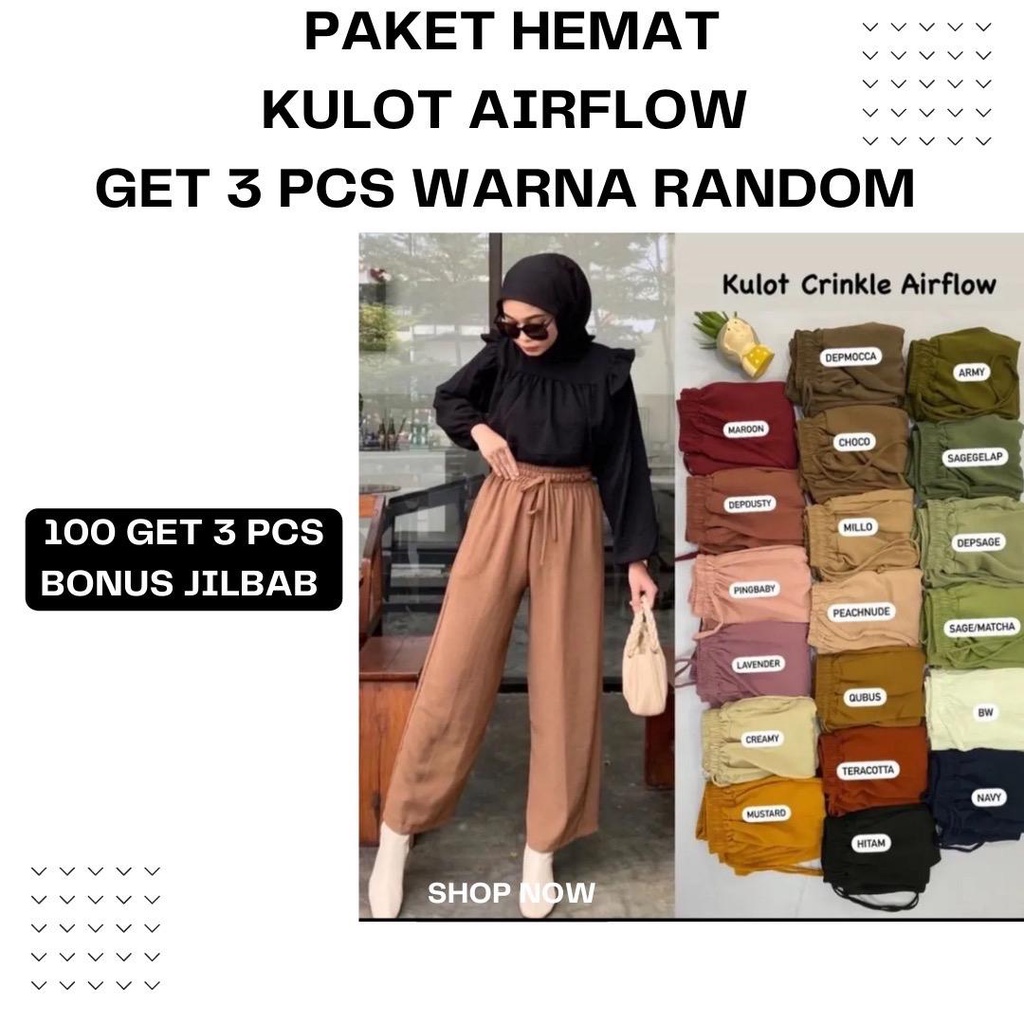 PAKET HEMAT KULOT AIRFLOW 120RB DAPAT 3PCS + FREE JILBAB