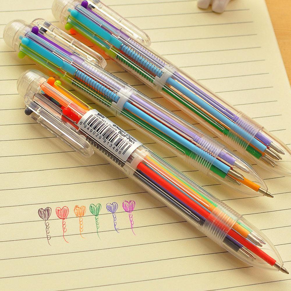 Timekey 6 In 1 Pulpen Plastik Multi Warna Tipe Tekan Manual Untuk Stationery Sekolah / Kantor E9Z6