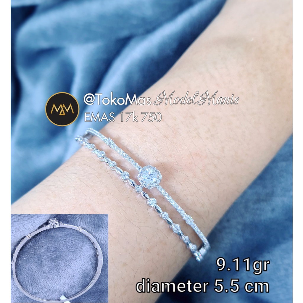 Gelang Bangle emas putih mewah 2 layer diamond looks emas 750 kadar 17k