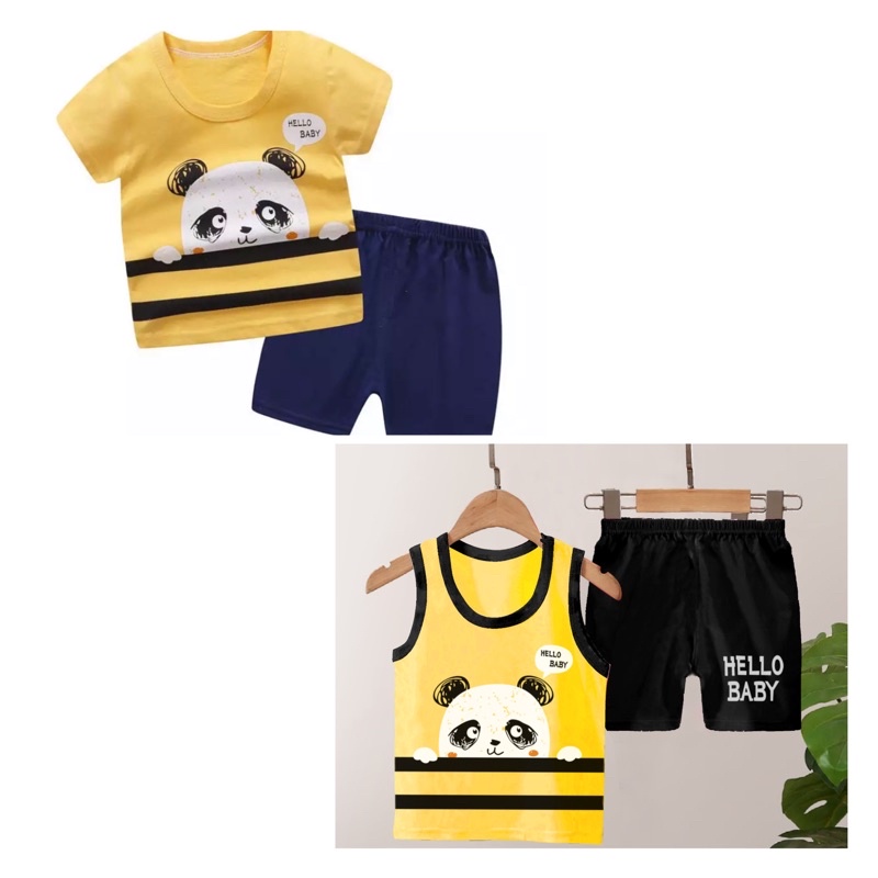 setelan anak singlet tangan karakter panda hello baby 6-12 bulan