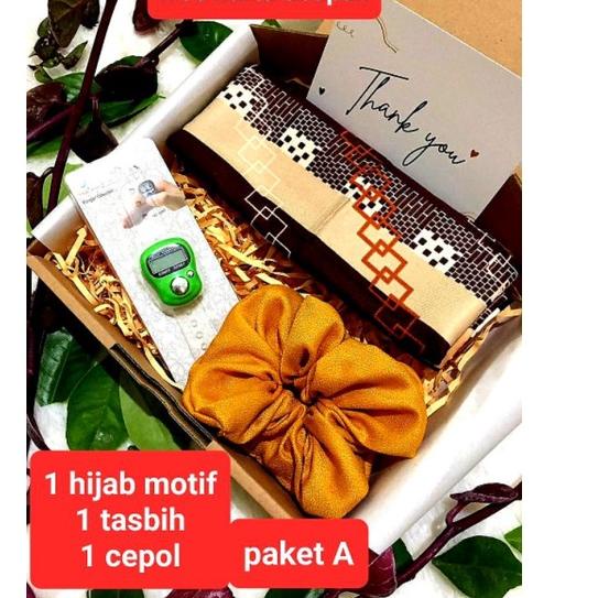 Pasti Ada HAMPERS HIJAB MOTIF UMAMA|GIFT BOX HIJAB SILK OLIVIA MOTIF,