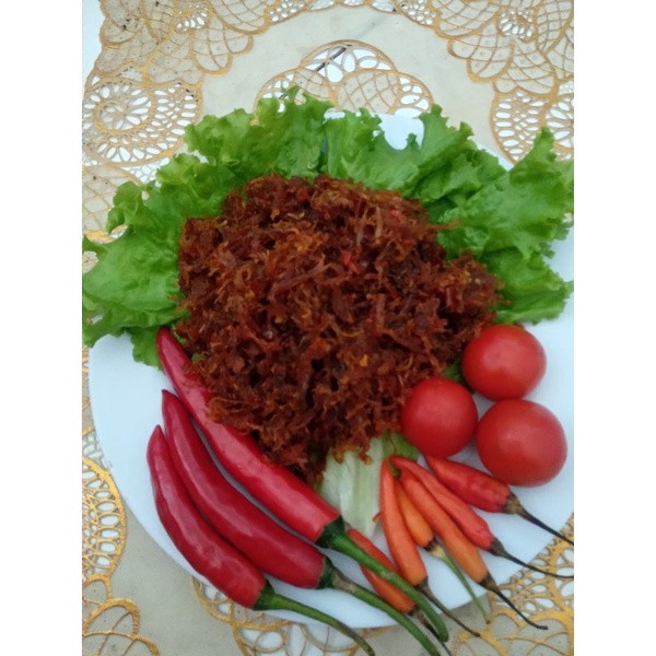 

Mesere Sapi/Sapi suir pedas/ Sapi suir bumbu plecing pedas kemasan 100 gram