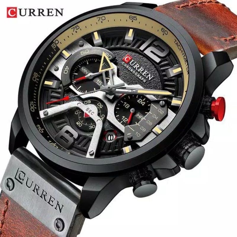 CURREN 8329 Jam Tangan Pria Analog Tali Kulit Chronograph Aktif CURRENOS