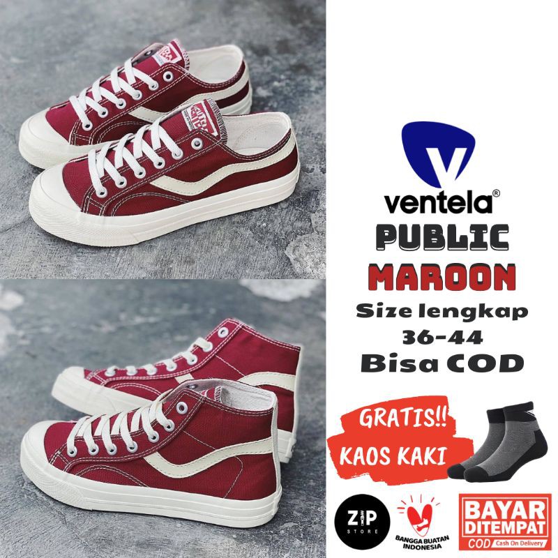 SEPATU VENTELA PUBLIC MAROON LOW HIGH ORIGINAL SNEAKER VENTELA MERAH TUA SEPATU JALAN SEPEDA SKATE