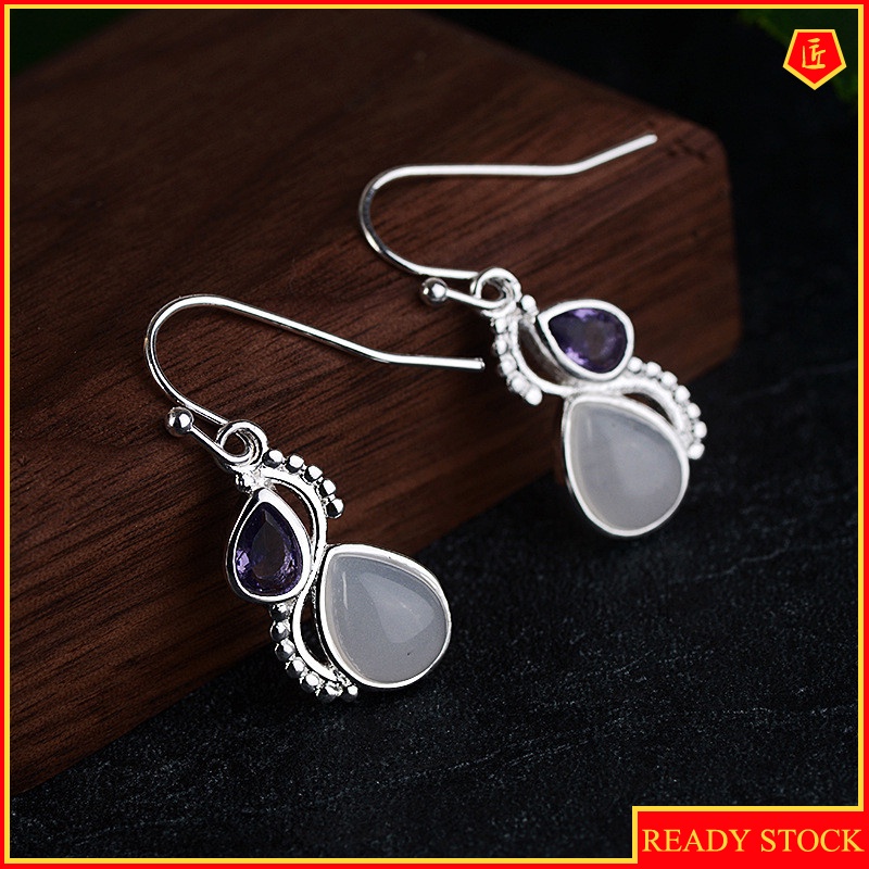 [Ready Stock]Inlaid Amethyst Moonstone Earrings Retro Temperament