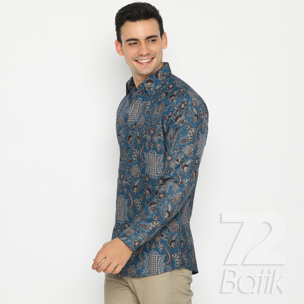 BATIK PRIA LENGAN PANJANG Kemeja Dobby Slimfit Motif Pintu Aceh Premium Biru Putih 727135 Cap 72 - Baju Kemeja Atasan Pakaian Setelan Batik Pria Cowok Laki Laki Remaja Keluarga Kantor Lengan Panjang Modern Slimfit Slim Fit Premium Kekinian