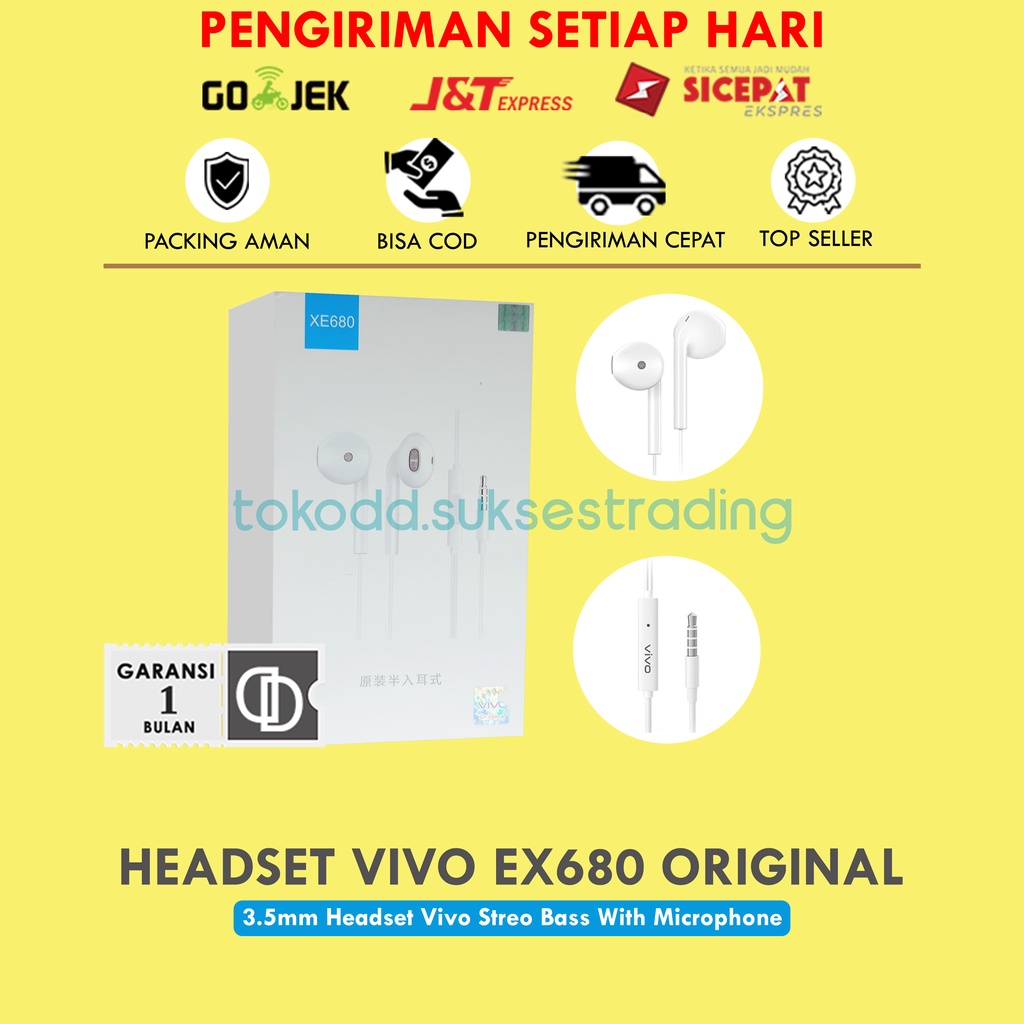 Earphone Vivo Original Model XE680 For Vivo Y53 Y22 Y21 Y66 V3 V5 Hifi Handsfree Vivo ori 100%