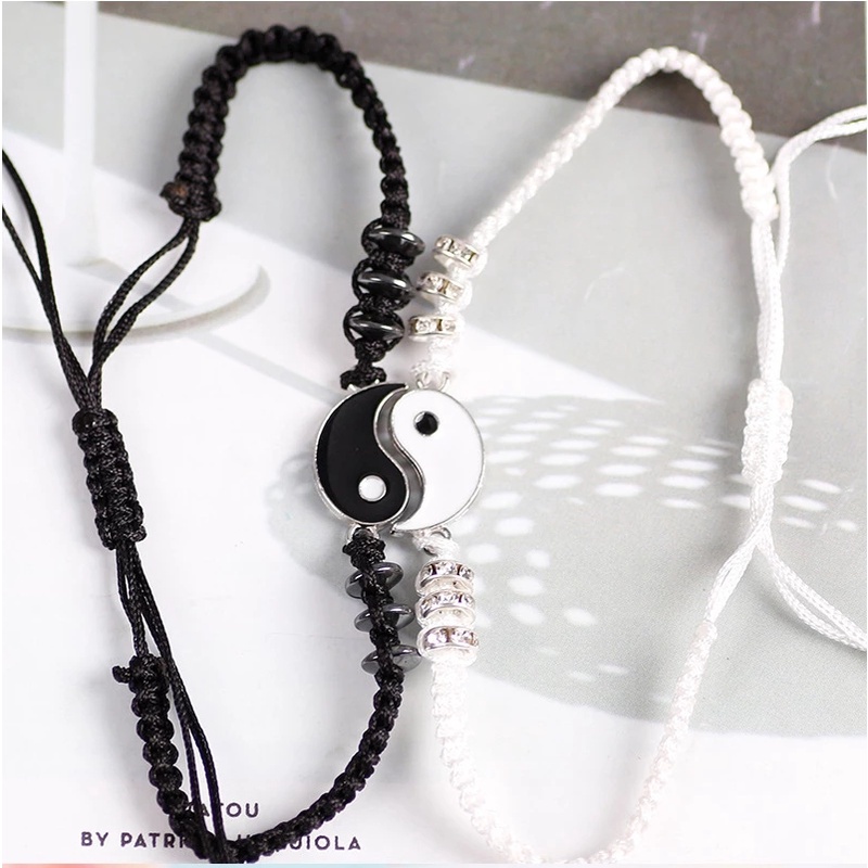 Gelang Tangan Model Tenun Warna Hitam Dan Putih Bahan Alloy Gaya China Untuk Pasangan