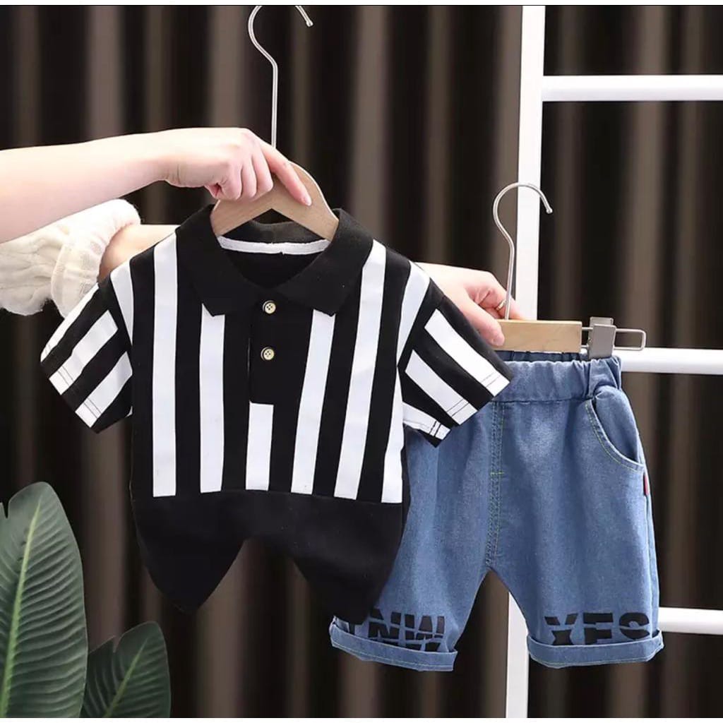 SETELAN ANAK BAJU ANAK PAKAIAN ANAK LAKI LAKI PERMPUAN SETELAN KRAH SALUR DENIM 1-5 TAHUN