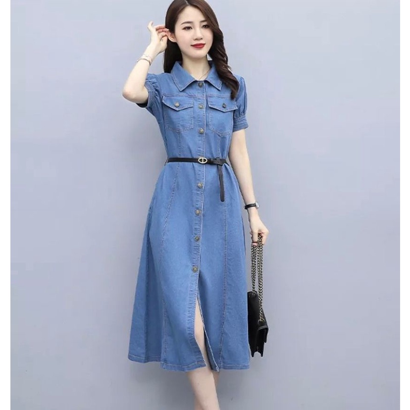 DRESS JEANS WANITA LENGAN PENDEK / LONG TUNIK JEANS WANITA LENGAN PENDEK ( FREE BELT )