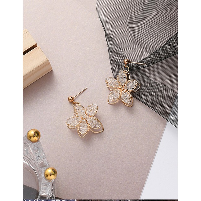 LRC Anting Tusuk Fashion Golden Hollow Crystal Flower Alloy Earrings K35077