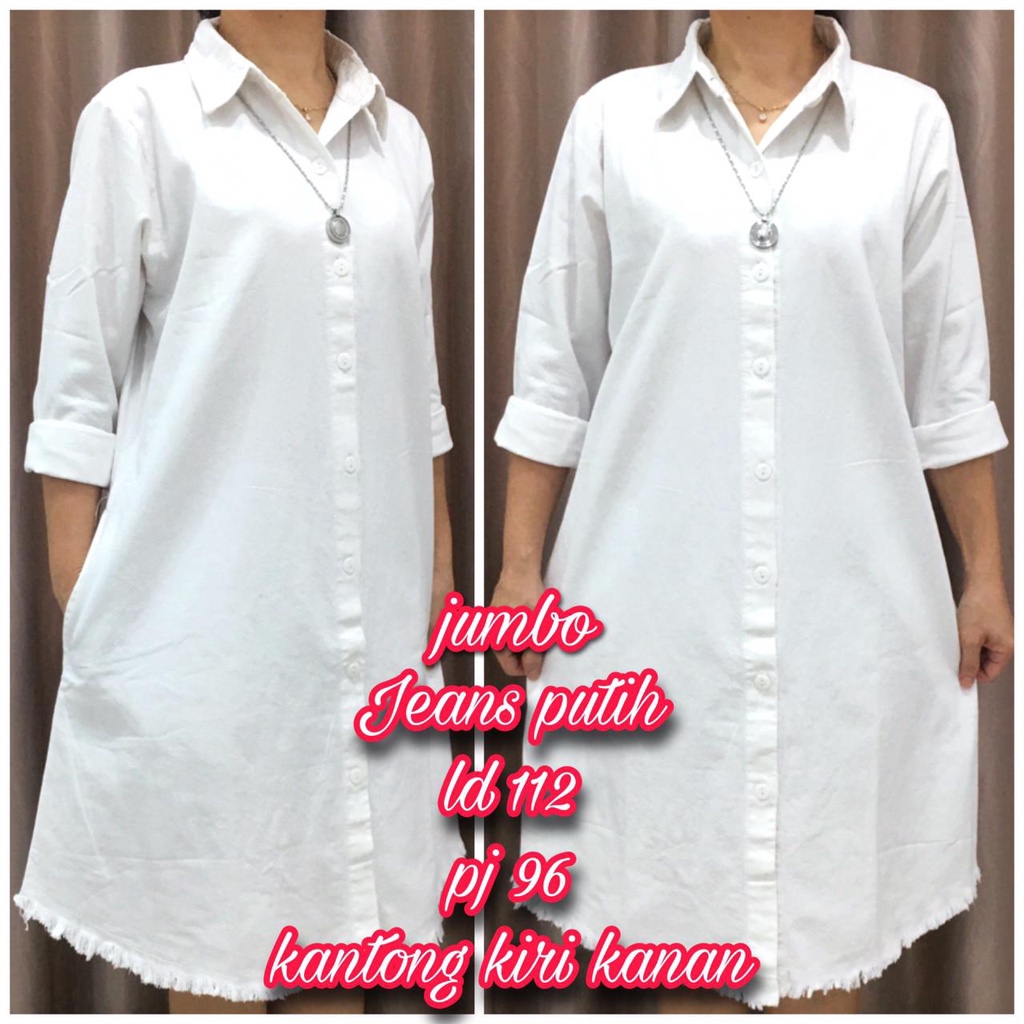 Dress tunik jeans putih model kancing tertutup, jumbo 3L ld112 pj96, ada saku, lengan panjang