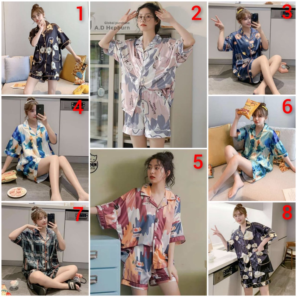 Baju tidur piyama bahan satin import ukuran jumbo lengan pendek celana pendek