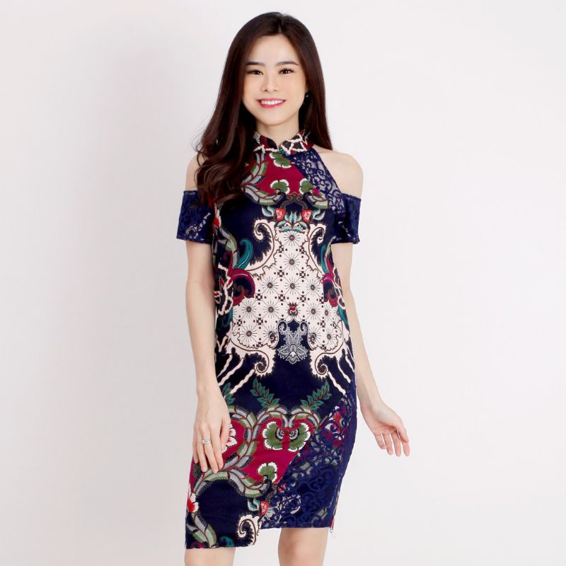 DERRY BATIK DRESS - Dress Batik Modern Model Sabrina Dress Batik Pesta Kondangan Bahan Katun Brukat