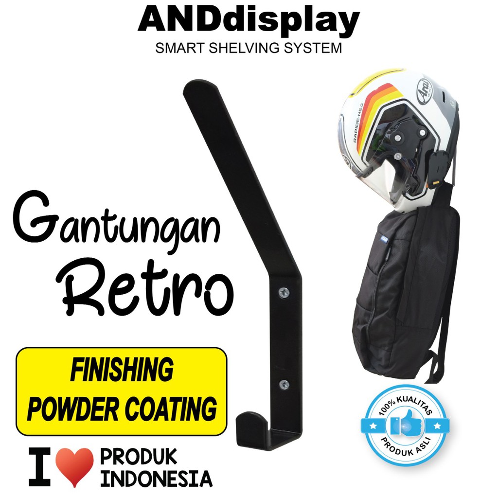 GANTUNGAN HELM RETRO DINDING HITAM HOOK KAPSTOK CANTOLAN TAS BAJU ANDDISPLAY