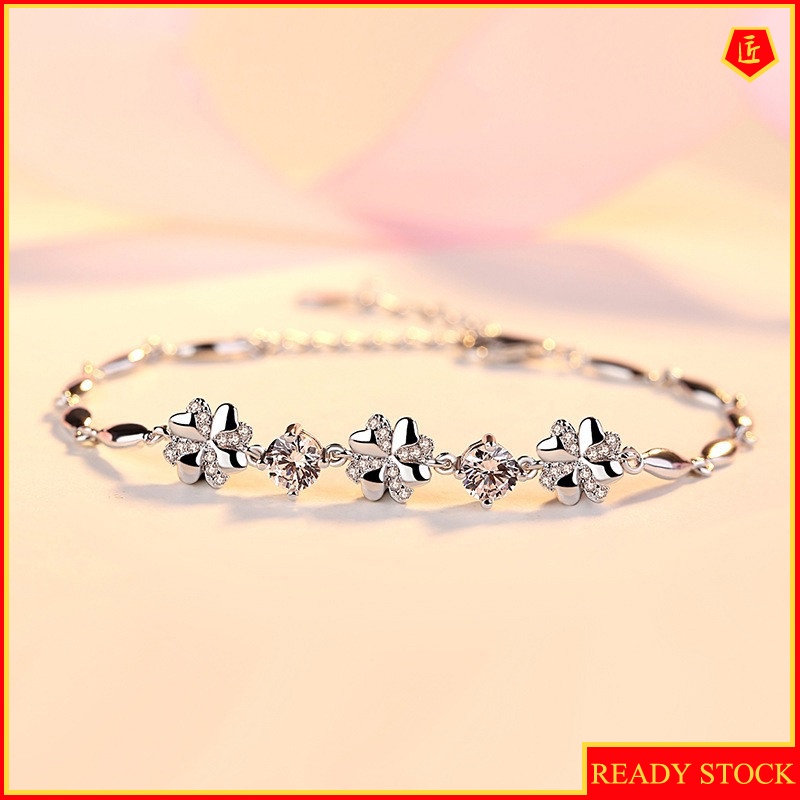 [Ready Stock]925 Silver Fashion Four-Leaf Clover Diamond Bracelet