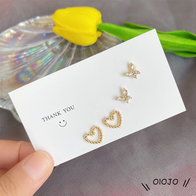 Korea Fashion Anting-Anting Sederhana Temperamen Paduan Telinga Studs Set Kupu-kupu Cinta Hati Perhiasan Untuk Wanita - ol