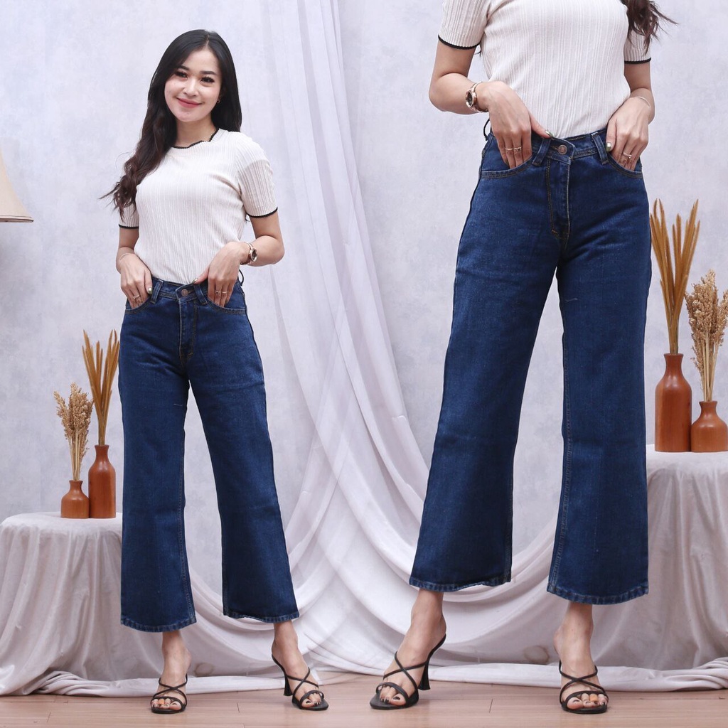 PROMO CELANA BOYFRIEND JEANS WANITA / Highwaist Panjang ESROCTE P03 Navy Biru Muda/ /BF POLOS