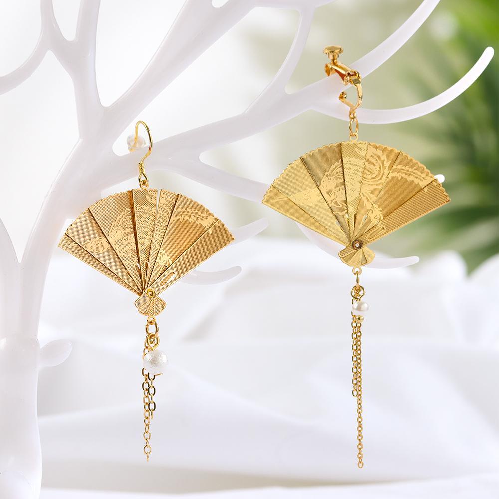 R-flower 1pasang/set Anting Kipas Lipat Wanita Fashion Perhiasan Berpohon Mutiara Panjang Drop Jumbai Gaya Cina