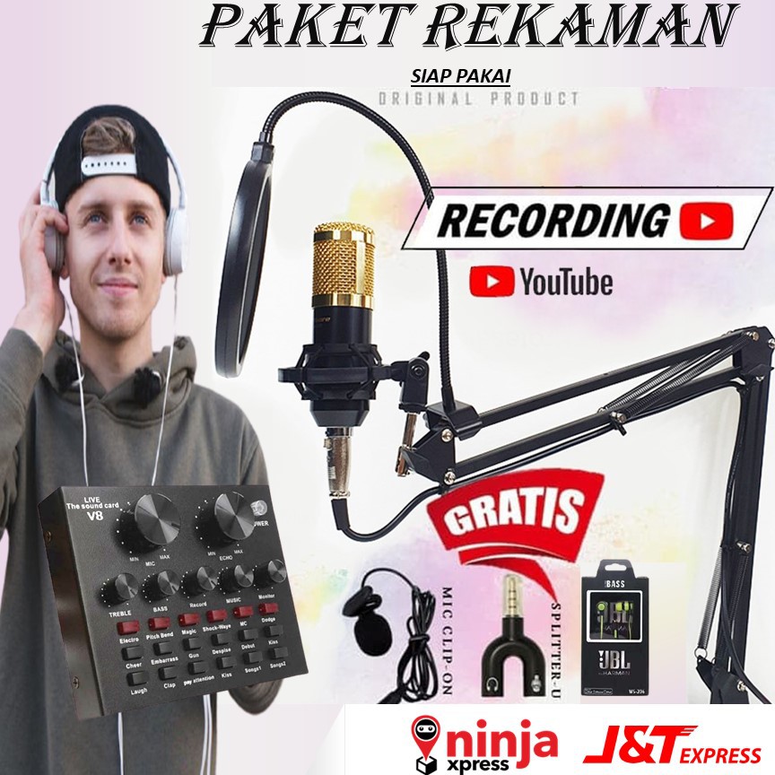 Paket Rekaman 1 / Karaoke Smule Taffstudio V8plus Mic Kondenser BM800 / BM900 + Army Stand