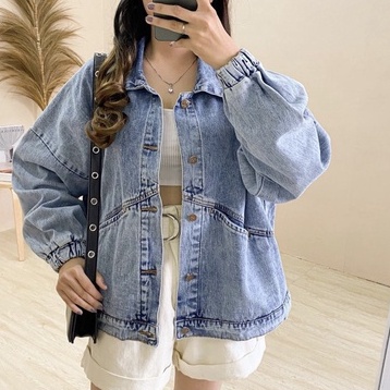 Jaket Jeans Tebal Oversize Wanita Lengan Manset Sava Carbera | Jaket Jeans Wanita Hype Tangan Karet