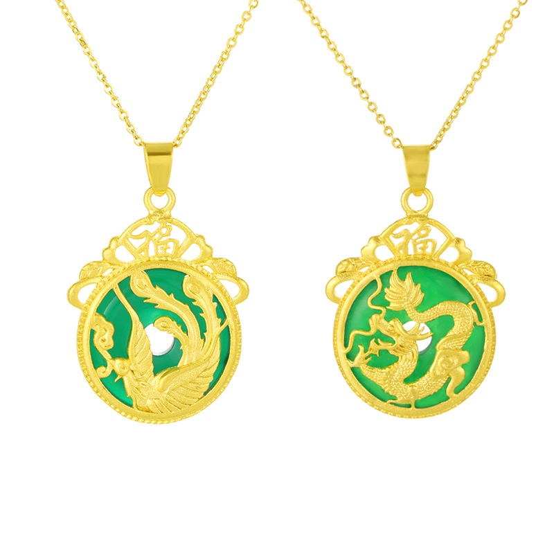 Liontin Giok Emas Asli Kadar 375Desain Naga Dan Phoenix Gaya Korea Untuk Pria Dan Wanita