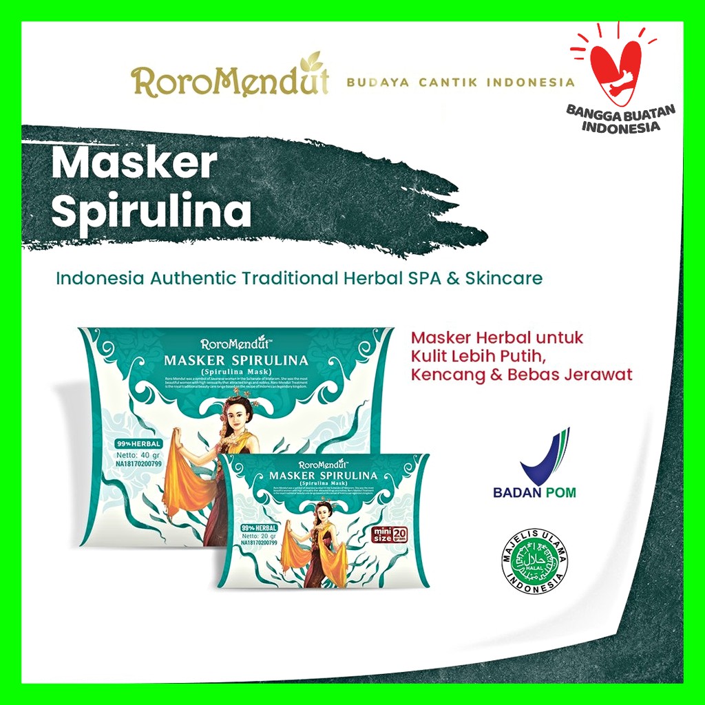 Roro Mendut Masker Spirulina Whitening / Anti Acne / Komedo / Bopeng 20gr &amp; 40gr