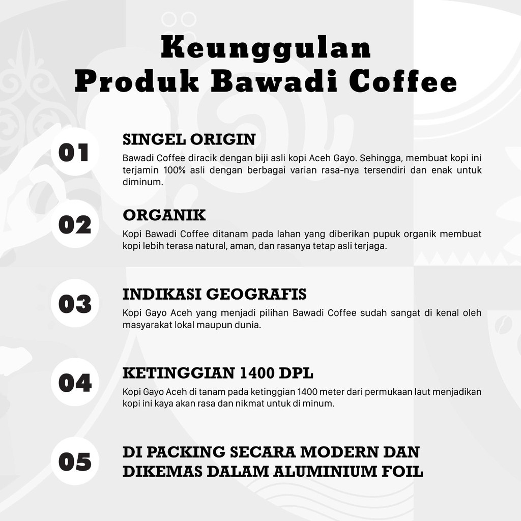 Bawadi Kopi Arabica Gayo Peaberry Powder 200g Kopi Aceh Jantan