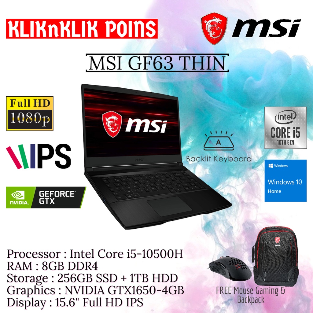 MSI GF63 THIN i5 10500H 8GB 256GB SSD + 1TB GTX1650 FHD WIN10HOME