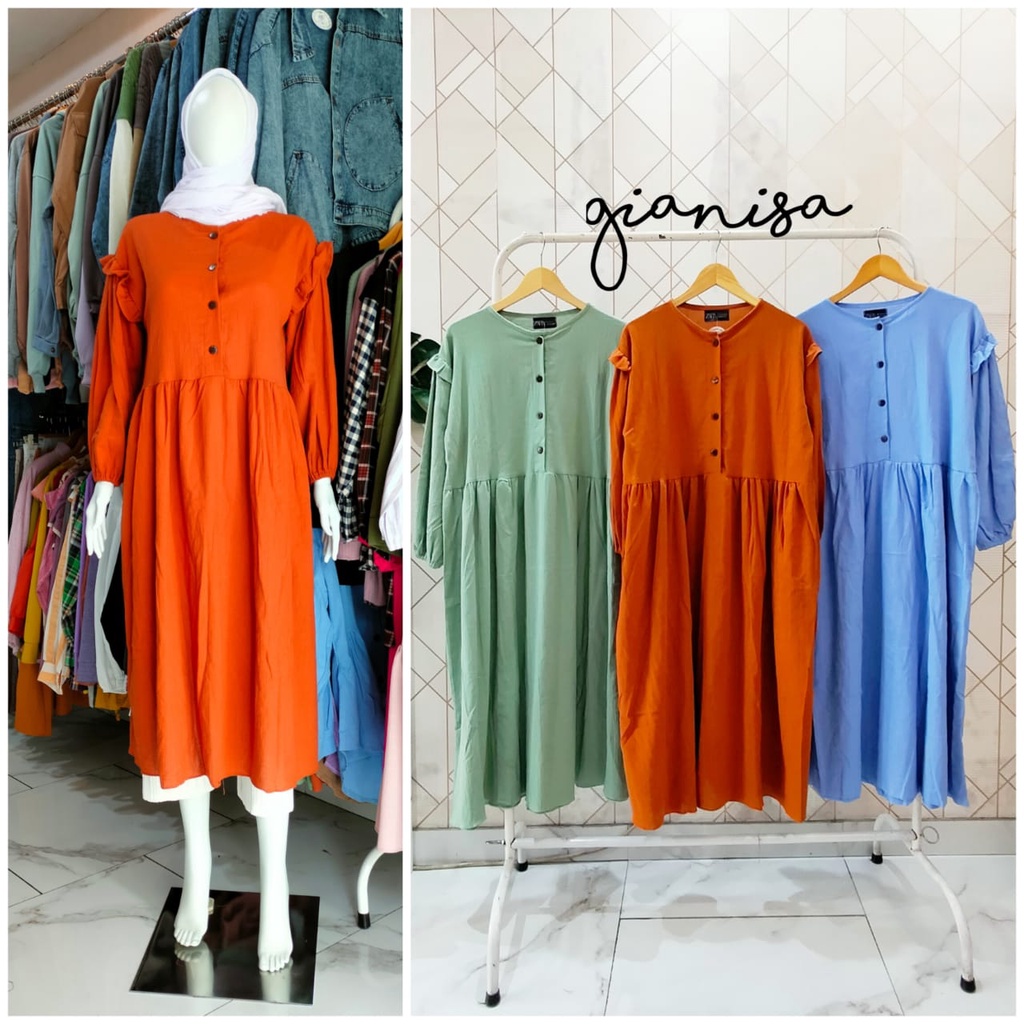 GIANISA | JIFA MIDI DRESS / BAHAN RAMI CRINCLE / BUSUI FRIENDLY / AKSEN RENDA / KERAH BULAT / MIDI D