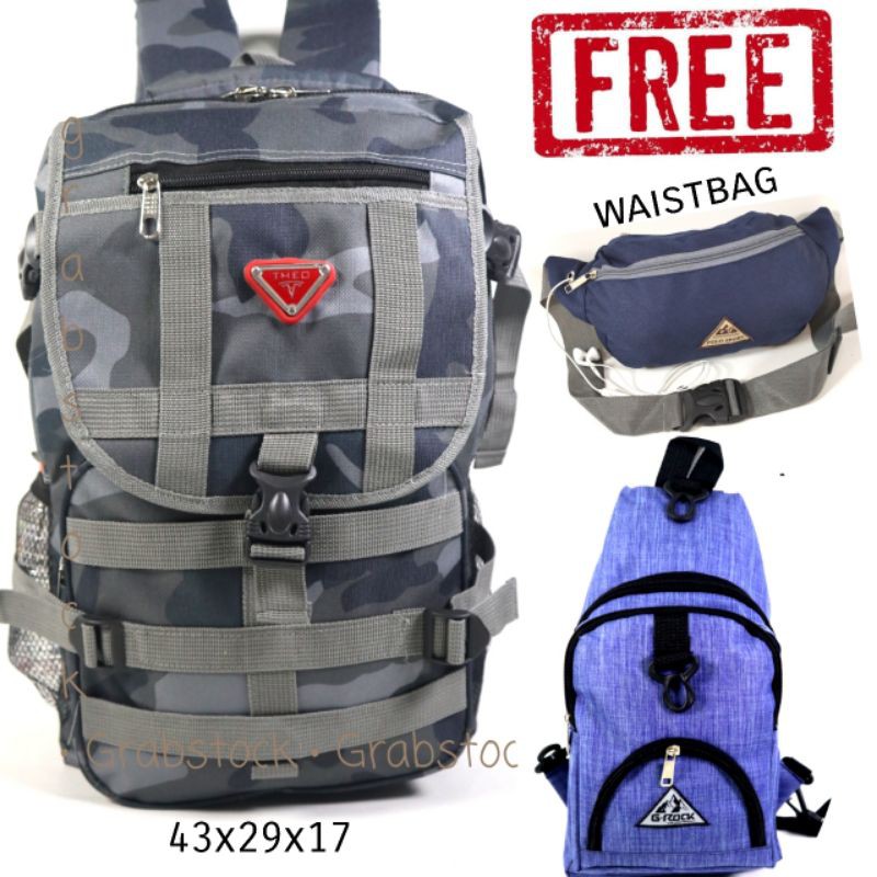 PROMO Beli 1 Dapat 3 Tas Seri Doreng Paket 3 in 1 Ransel Selempang Waistbag