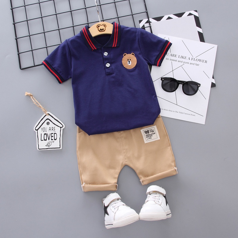 Setelan Polo Anak Import Stelan Baju &amp; Celana Anak Laki Motif Beruang / Baju Anak Cowok