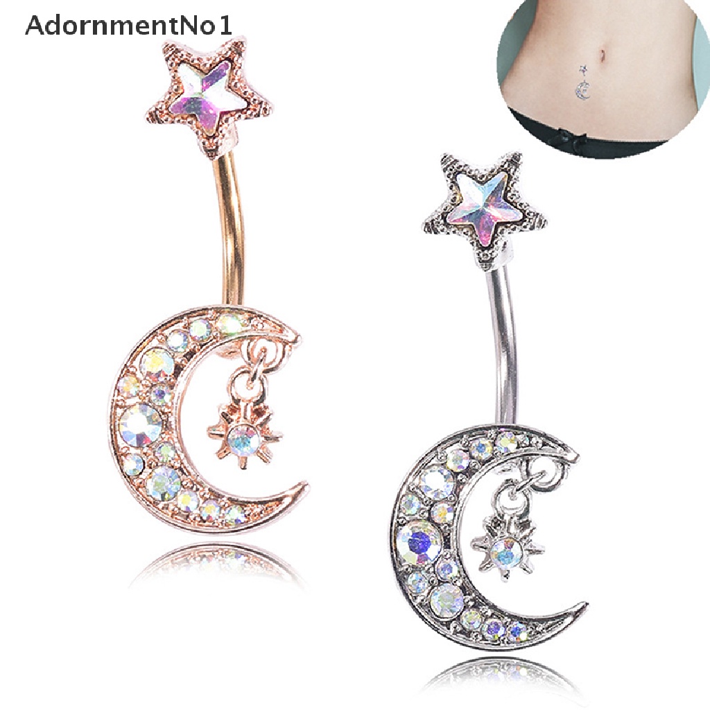 (AdornmentNo1) Anting Tindik Perut / Pusar Model Bulan + Bintang Aksen Kristal Untuk Perhiasan Wanita