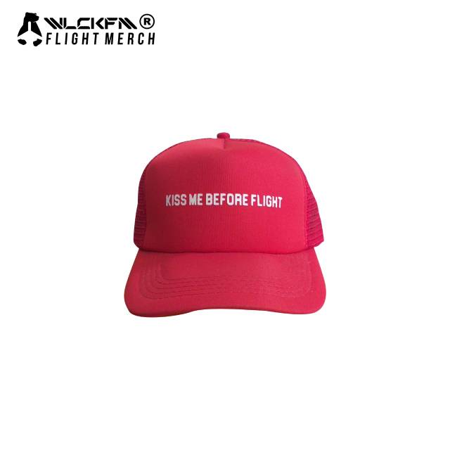 TOPI DISTRO PENERBANGAN TULISAN "KISS ME BEFORE FLIGHT" RED | TRUCKER CAPS | TOPI JARING