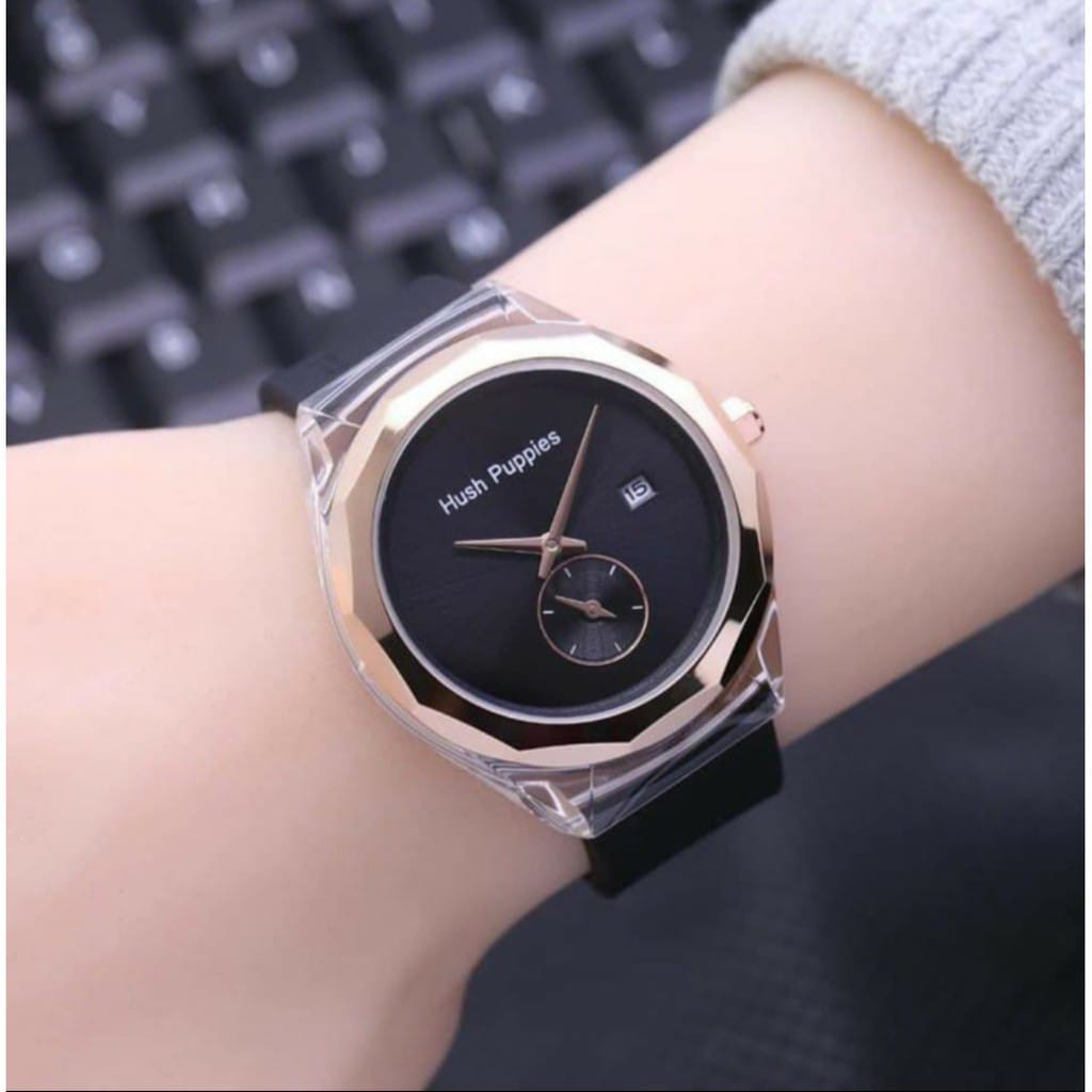 Jam Tangan Wanita Hush Puppies Case Bulat Detik Bawah Hiasan Strap Rubber HP-55