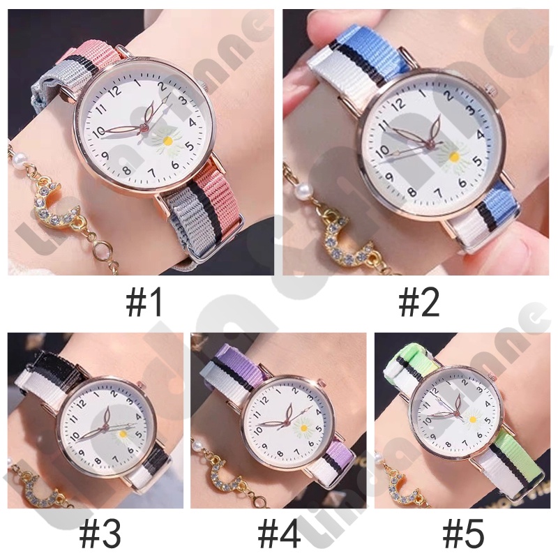 Jam Tangan Analog Wanita Gaya Korea Strap Canvas Warna-Warni Dial Bulat Motif Bunga Daisy