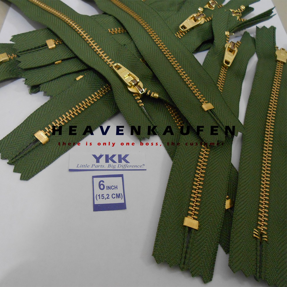 Resleting/Zipper Jeans YKK 6 inch-15,2 cm Hijau TNI/Hijau Tentara-Gold