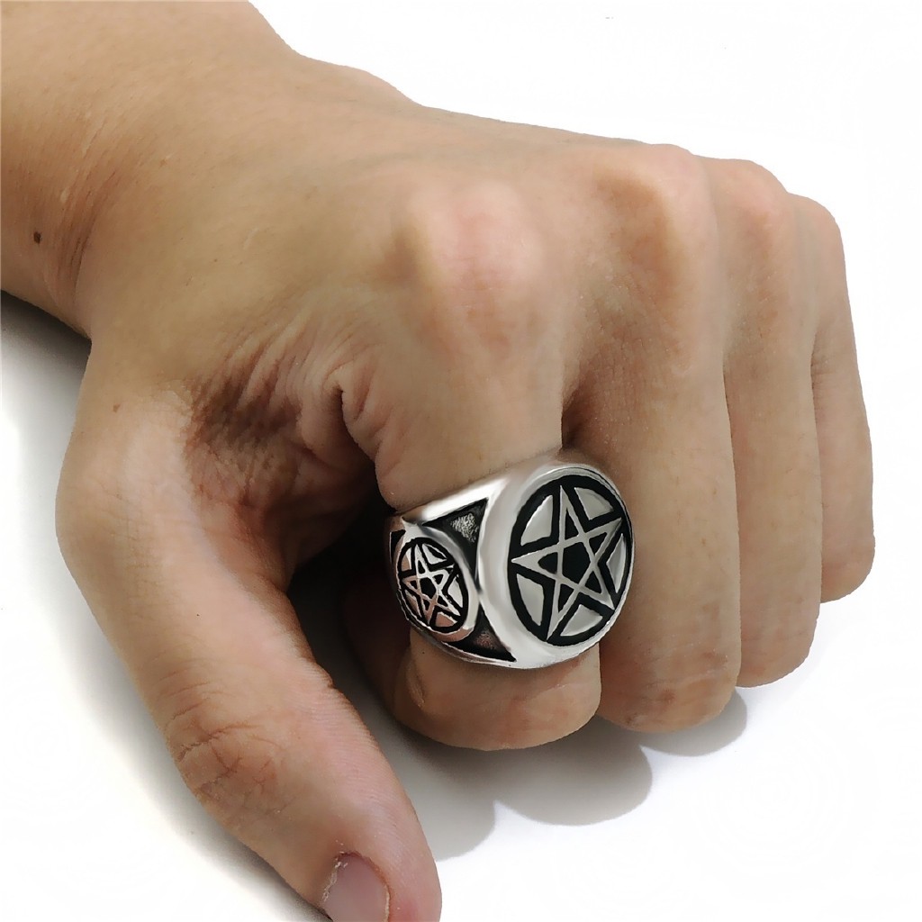 SEUSUK Punk Steel Ring Band Wicca Magic Pentagram Pentacle Star Biker Jewelry