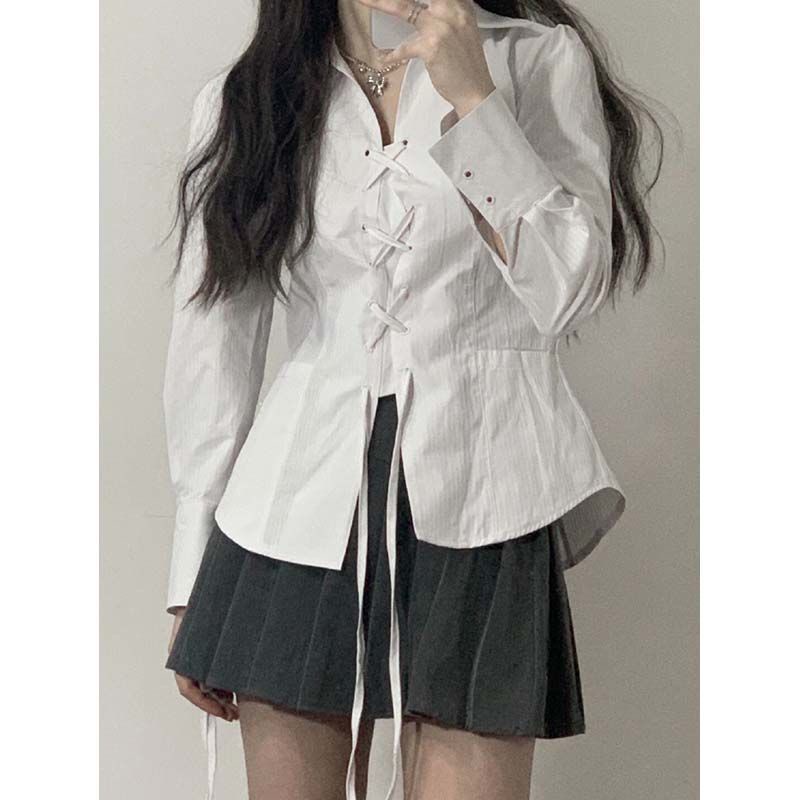 Suhao Musim Semi New Collegiate Style Sweet Small People Slim Retro Court Desain Sensitivitas Small People String Shirt Wanita