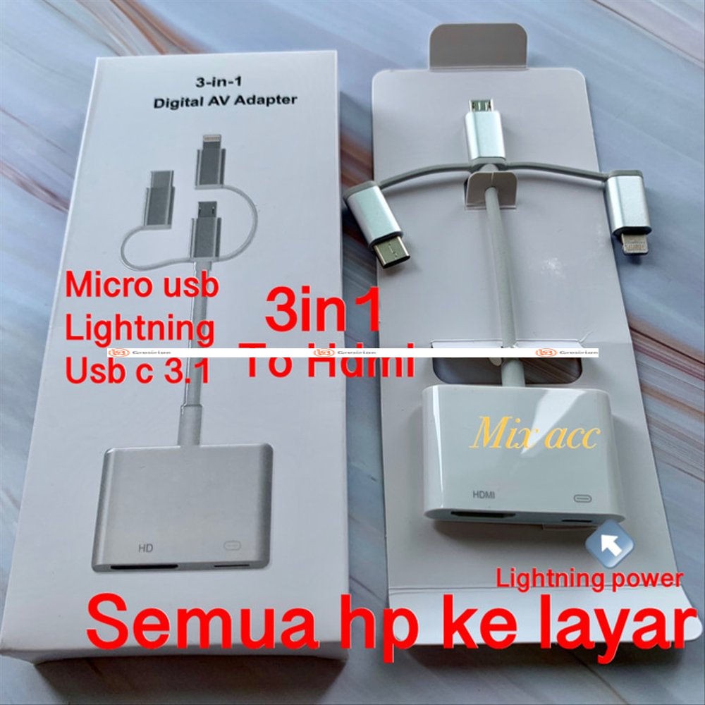 MICRO USB - TYPE C- LIGHTNING TO HDMI - HP TO HDMI -ANDROID 10CM 3IN1