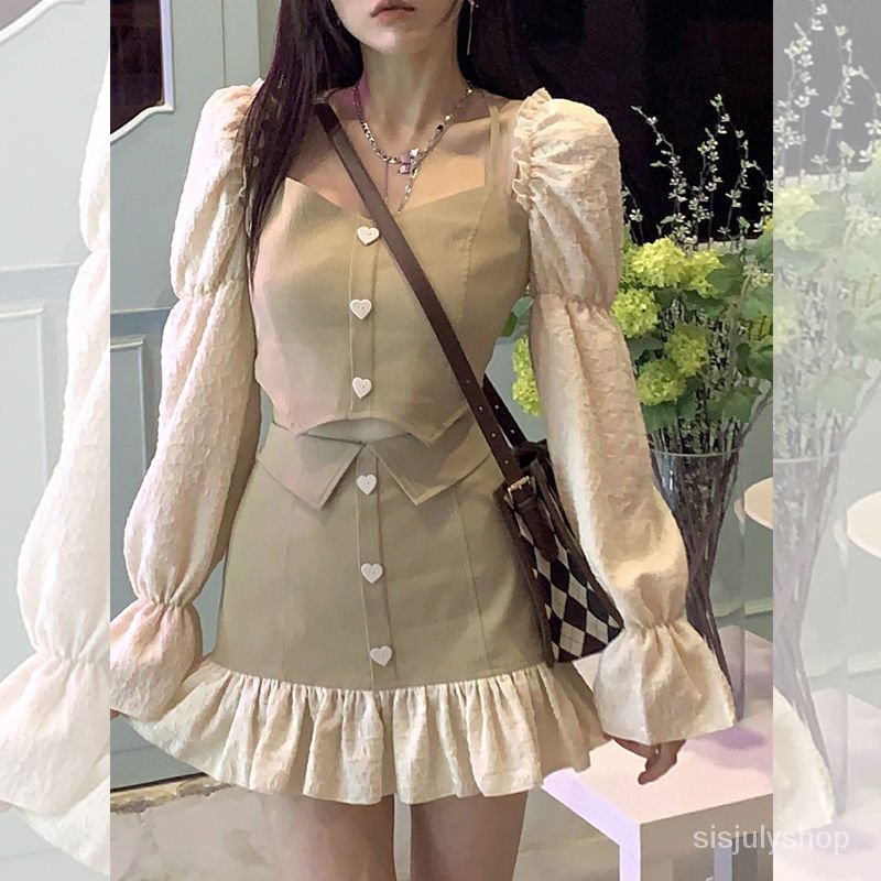 #Sisjuly# Atasan Halter Baru Wanita/rok Tidak Beraturan Dengan Rok Split Pinggang Dan Kancing Hati