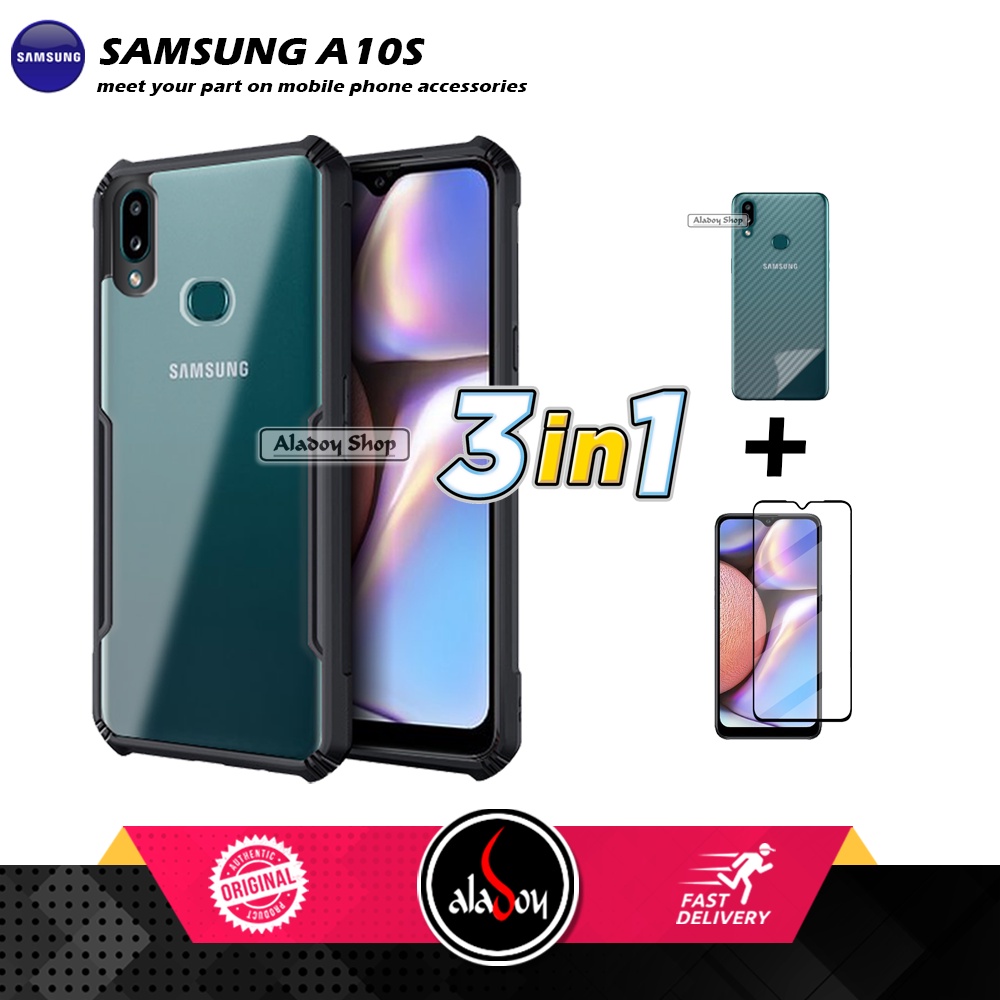 Case SAMSUNG A10S Armor Fushion Transparent Casing + Tempered Glass Full Layar dan Skin Carbon