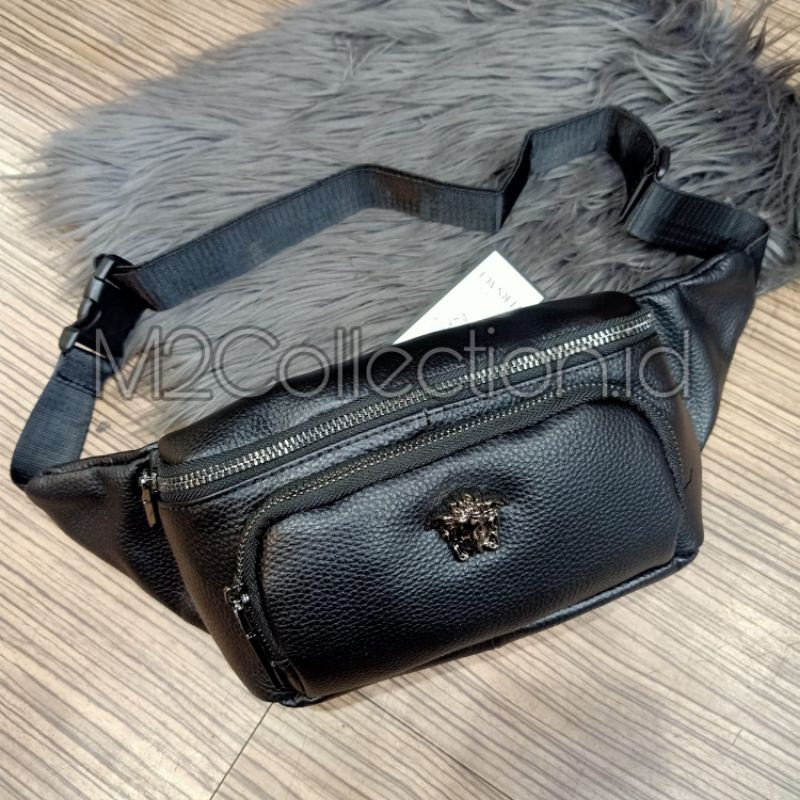 Waistbag Versace Logo Black Leather Bumbag Belt Bag Kulit Asli Import