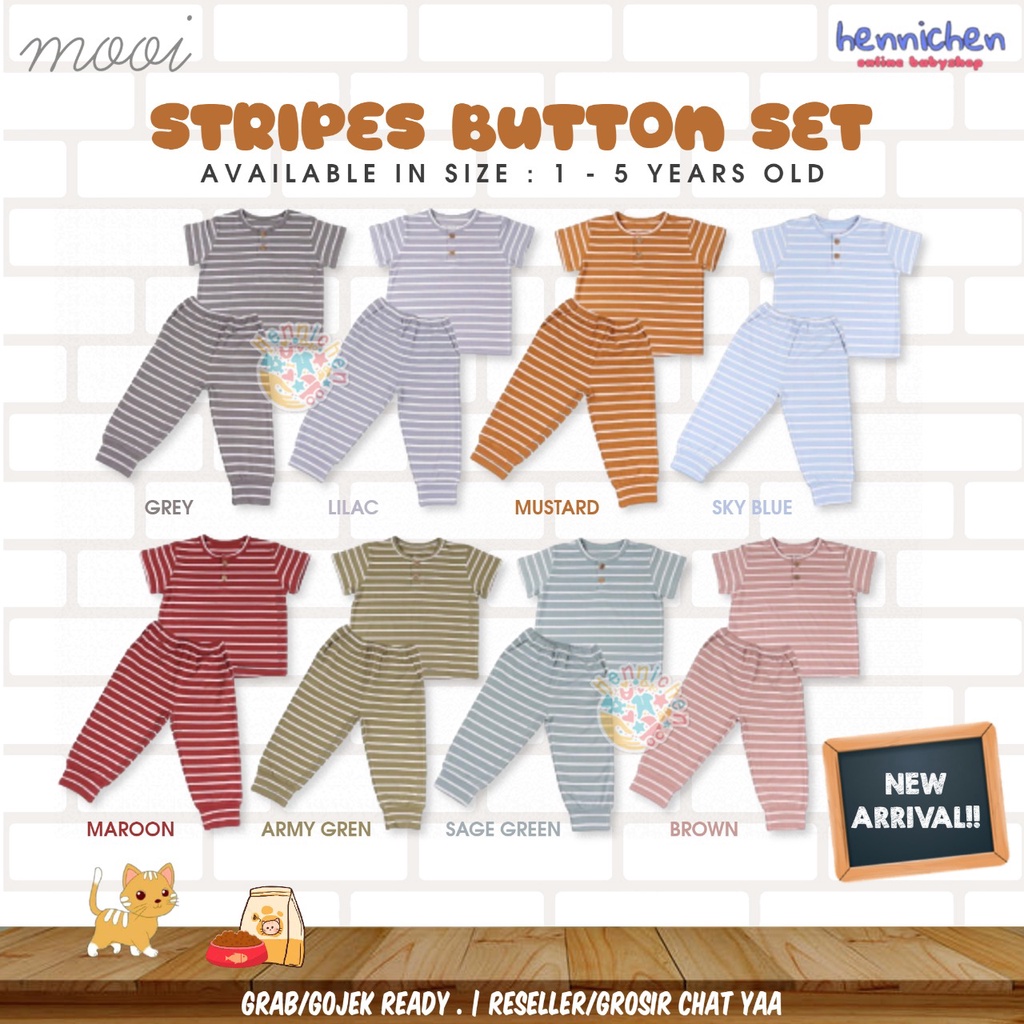 PROMO 7.7 PROMO BAJU LEBARAN MURAH MOOI STRIPES BUTTON SET 1-5 tahun Setelan baju pendek celana panjang anak