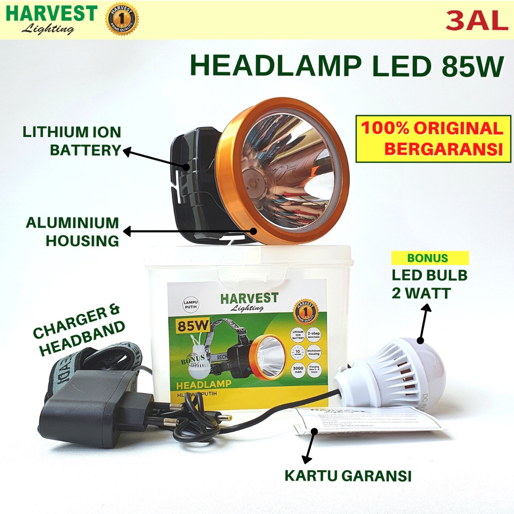 85W - PAKET ISI 4 - Headlamp HARVEST LIGHTING Senter Kepala LED 3000Mah Lampu Emergency Travel Hunting Rechargeable Original Bergaransi