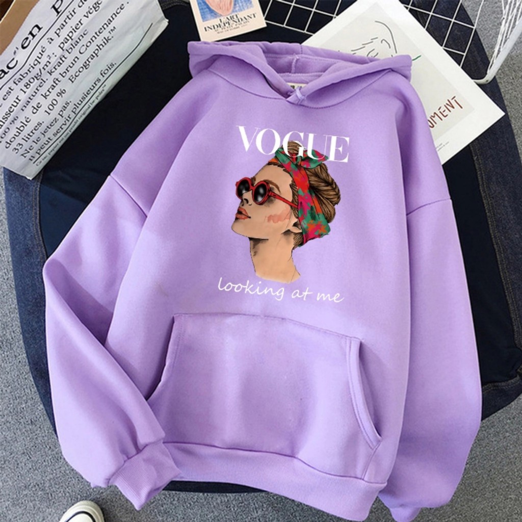 Hoodie Wanita Gambar Vogue Oversize Korean Style Sweater Murah Tebal Xxl Kekinian Lilac Bisa Cod