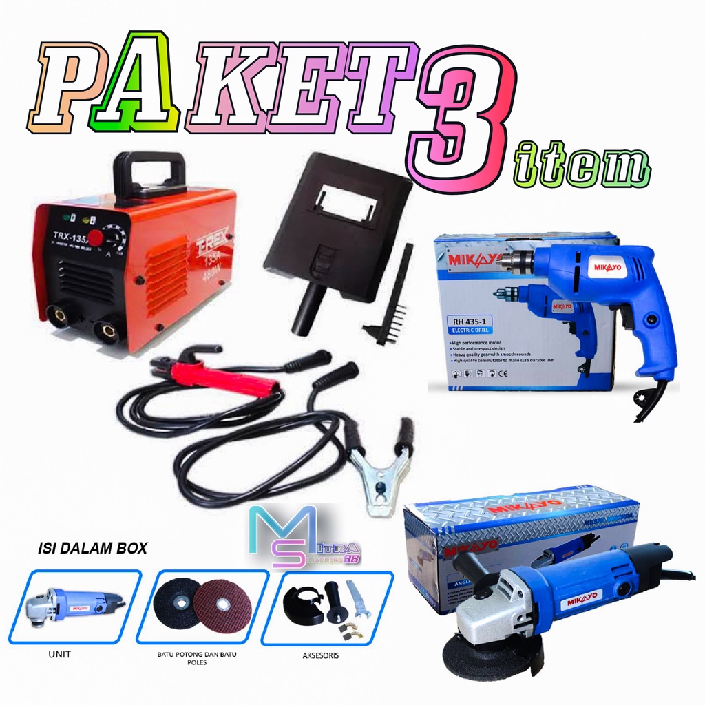 REAL GRATIS ONGKIR!!  paket Mesin Las Inverter MMA 135A IGBT 480 watt  merk T-REX + GERINDA 4 INCH + BOR 10m / Mesin las / Mesin trafo las / welding kualitas terjamin