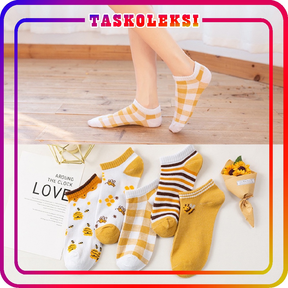 ☛TK☚ Kaos Kaki Wanita Motif Bunga Lebah Bee Kuning Fashion Korea Women Sock Import K002