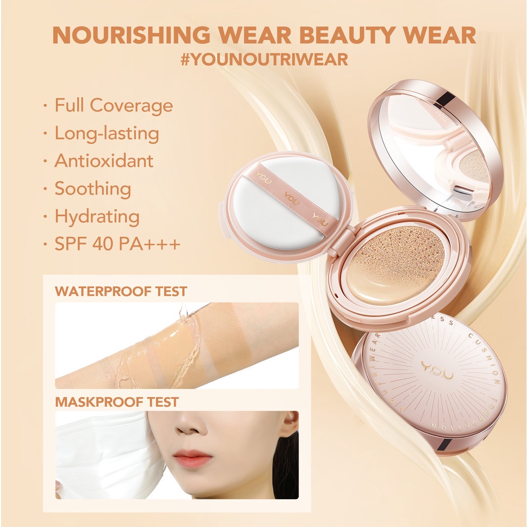 YOU Noutriwear+ Flawless Cushion Foundation SPF 40 PA+++ | Poreless Full Coverage | Waterproof | Tahan Lama 16 Jam | BPOM